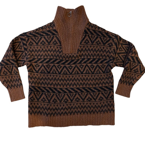 Aerie Sweater Quarter Zip Fair Isle Black Brown Size Small - Picture 1 of 5